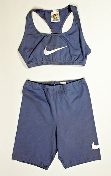 Athletic ensemble, Nike (American, founded 1972), (a) polyester, nylon; (b) cotton, spandex; (c) cotton, spandex; (d, e) cotton; (f, g) leather, nylon, plastic (foam), rubber, American