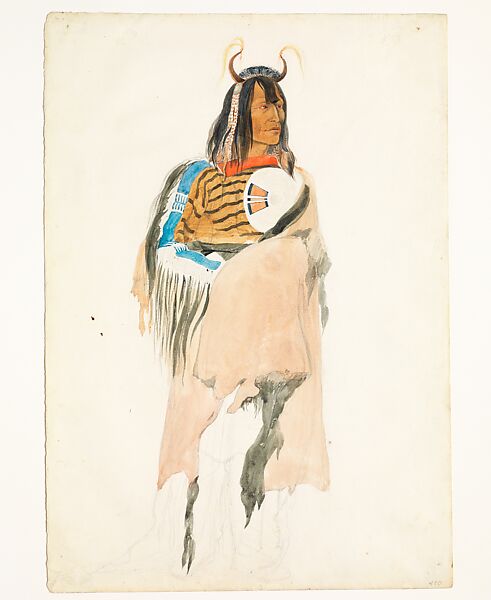 Noapeh, Assiniboine Man, Karl Bodmer (Swiss, Riesbach 1809–1893 Barbizon), Watercolor and graphite on paper 