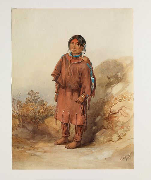 Assiniboine and Siksika Blackfoot Girl, Karl Bodmer (Swiss, Riesbach 1809–1893 Barbizon), Watercolor and graphite on paper 