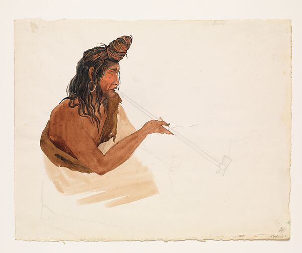 Niätóhsä, Gros Ventre Chief, Karl Bodmer (Swiss, Riesbach 1809–1893 Barbizon), Watercolor and graphite on paper 