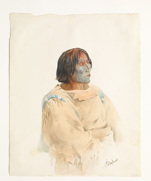 Tátsicki-Stomíck, Piegan Blackfoot Chief, Karl Bodmer (Swiss, Riesbach 1809–1893 Barbizon), Watercolor and graphite on paper 