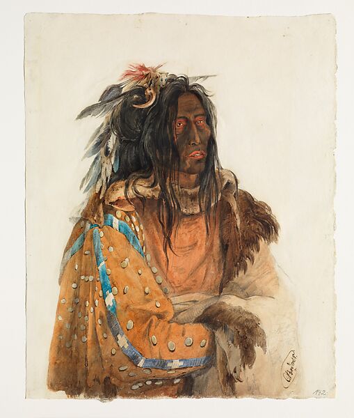 Mexkehme-Sukahs, Piegan Blackfoot Chief, Karl Bodmer (Swiss, Riesbach 1809–1893 Barbizon), Watercolor and graphite on paper 