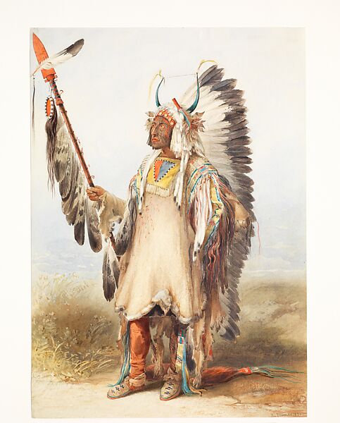 Mató-Tópe, Mandan Chief, Karl Bodmer (Swiss, Riesbach 1809–1893 Barbizon), Watercolor and graphite on paper 