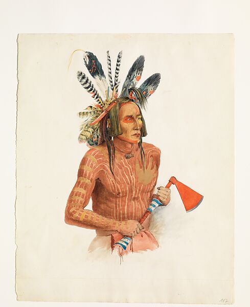 Mató-Tópe, Mandan Chief, Karl Bodmer (Swiss, Riesbach 1809–1893 Barbizon), Watercolor and graphite on paper 