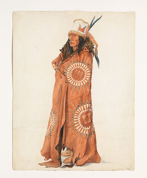 Biróhkä, Hidatsa Man, Karl Bodmer (Swiss, Riesbach 1809–1893 Barbizon), Watercolor and graphite on paper 