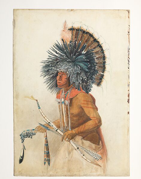 Péhriska-Rúhpa, Hidatsa Man, Karl Bodmer (Swiss, Riesbach 1809–1893 Barbizon), Watercolor and graphite on paper 