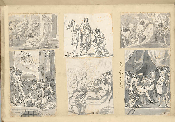 Roman Album No.8, Jacques Louis David (French, Paris 1748–1825 Brussels), Album of 23 leaves (originally 24; leaf 14 absent) and a flyleaf, with 101 drawings(including one that is loose, one executed directly on leaf 17 verso, and 19 tracings) affixed to 19 greenish leaves and 4 white leaves; bound in brown leather 