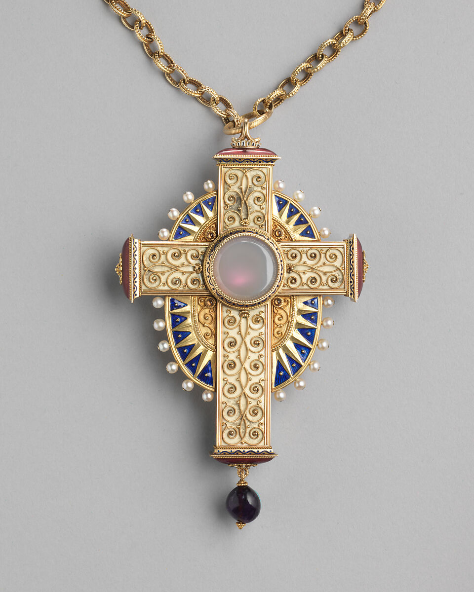 Pectoral cross, Hemmerle (German, 1893–present), Yellow gold (750/1000 or 18-karat finenss), filigree work; opaque blue, black and white enamel, translucent dark red and transparent cream enamel; amethysts, citrine cabochons, chalcedony and pearls, German, Munich