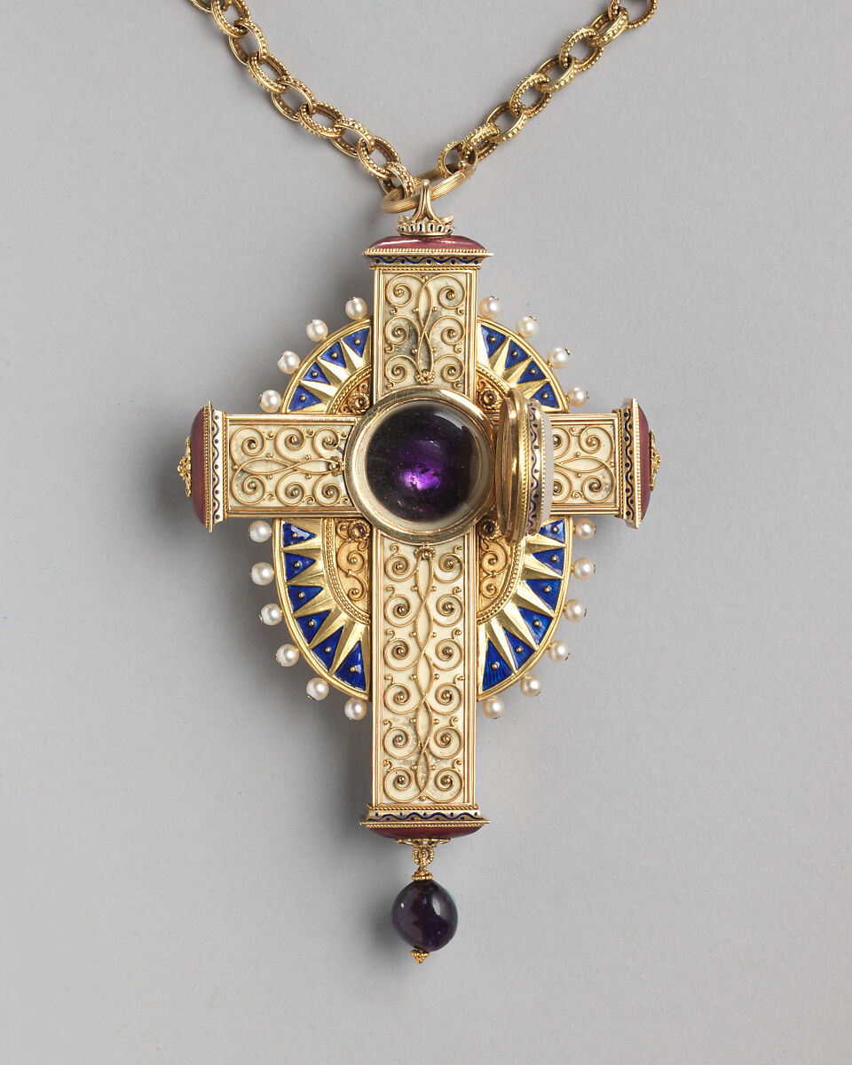Pectoral cross, Hemmerle (German, 1893–present), Yellow gold (750/1000 or 18-karat finenss), filigree work; opaque blue, black and white enamel, translucent dark red and transparent cream enamel; amethysts, citrine cabochons, chalcedony and pearls, German, Munich