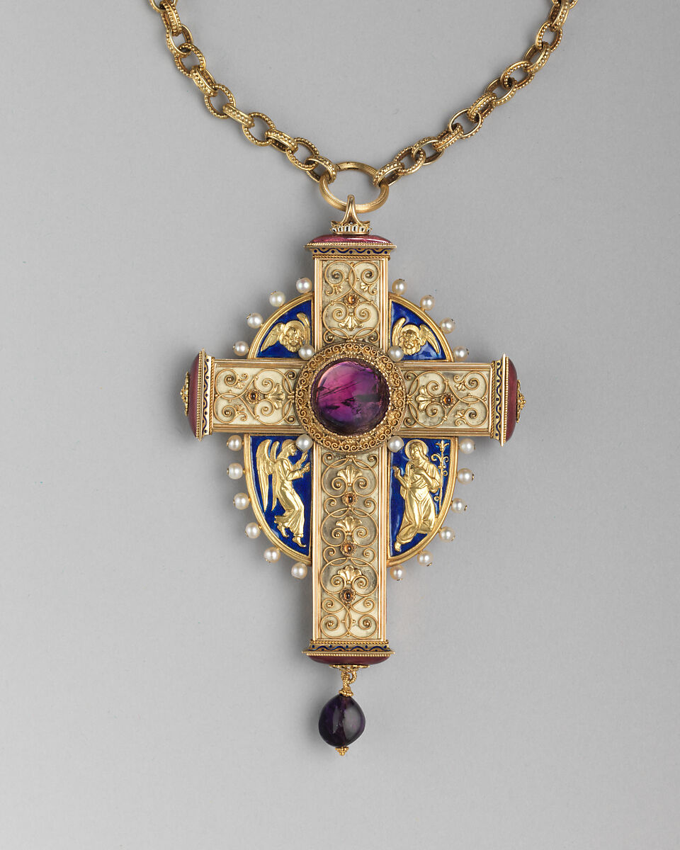 Pectoral cross, Hemmerle (German, 1893–present), Yellow gold (750/1000 or 18-karat finenss), filigree work; opaque blue, black and white enamel, translucent dark red and transparent cream enamel; amethysts, citrine cabochons, chalcedony and pearls, German, Munich 