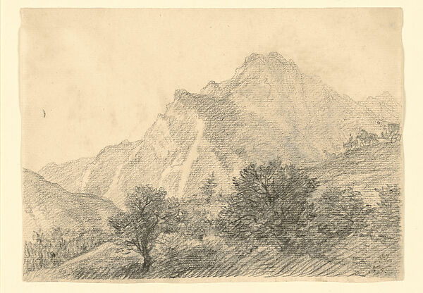 Alpine Landscape with a Horse-Drawn Carriage Traversing a Pass; from Roman Album no. 10, leaf 17, Jacques Louis David  French, Black chalk, traces of white heightening