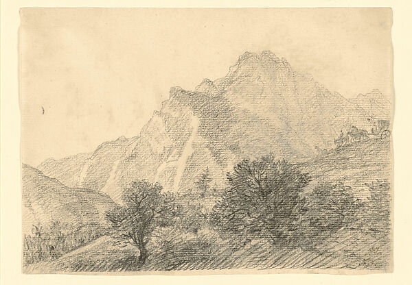 Alpine Landscape with a Horse-Drawn Carriage Traversing a Pass; from Roman Album no. 10, leaf 17, Jacques Louis David (French, Paris 1748–1825 Brussels), Black chalk, traces of white heightening 