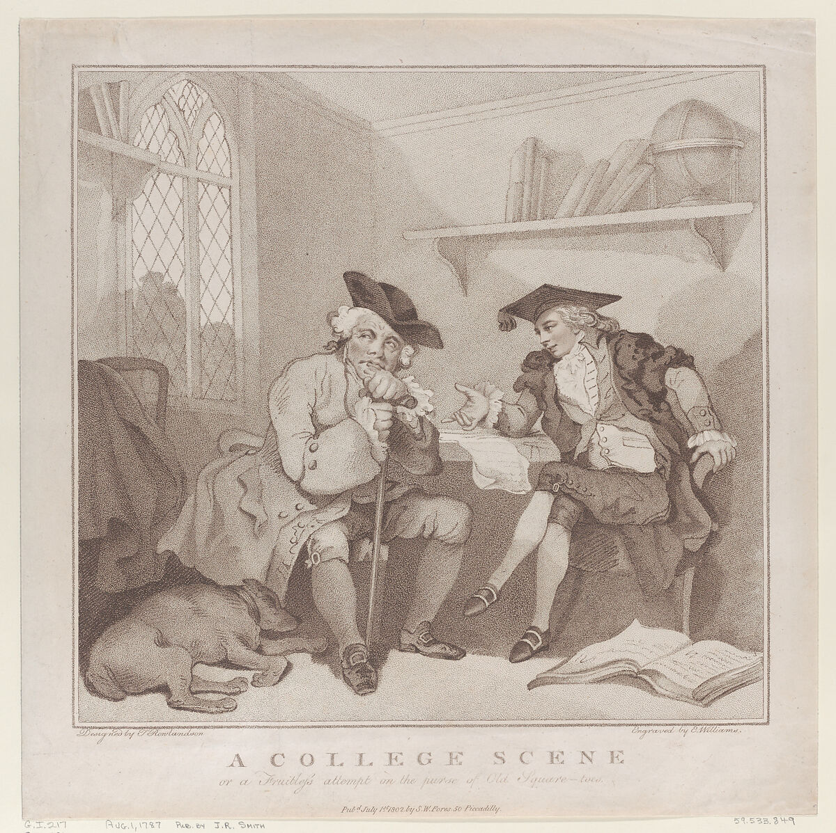A College Scene, or a Fruitless Attempt on the Purse of Old Square-toes, Edward Williams the Elder (British, active London, ca. 1786), Etching with stipple and softground, printed in brown ink 