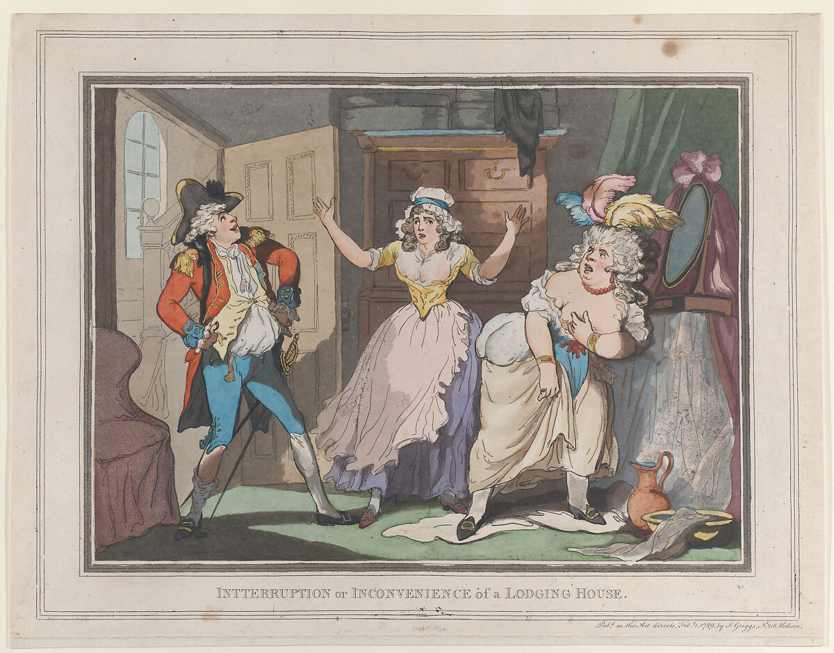 Interruption or Inconvenience of a Lodging House, Thomas Rowlandson (British, London 1757–1827 London), Hand-colored etching 