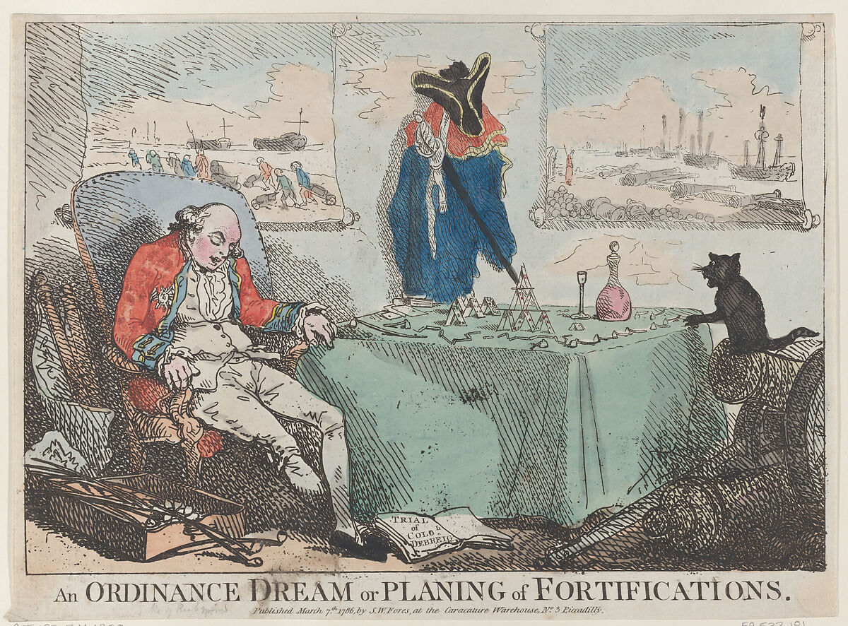 An Ordinance Dream or Planning of Fortifications, Thomas Rowlandson (British, London 1757–1827 London), Hand-colored etching 