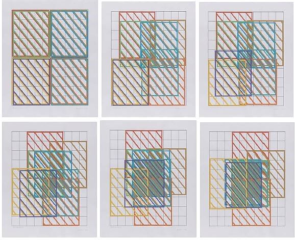 Displacements 1-6, Dóra Maurer (Hungarian, born 1937), Gouache on paper, six sheets 