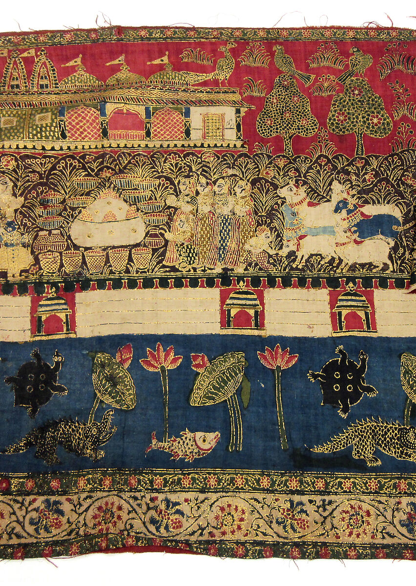 Temple cloth celebrating Krishna (Picchavai) (border section), Painted pigments (kalamkari) and glued gold on cotton, India, Rajasthan 