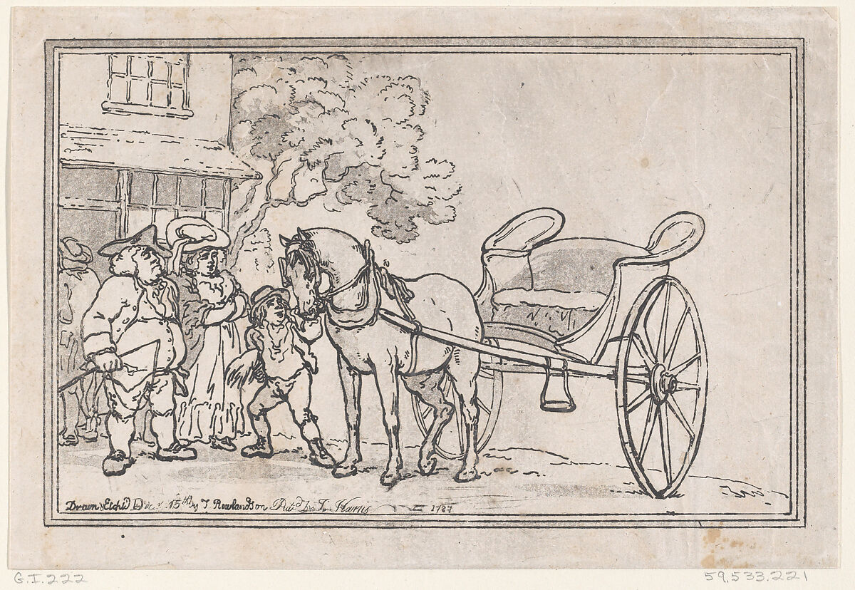 Boy Bringing Round a Citizen's Curricle, Thomas Rowlandson (British, London 1757–1827 London), Etching and aquatint 