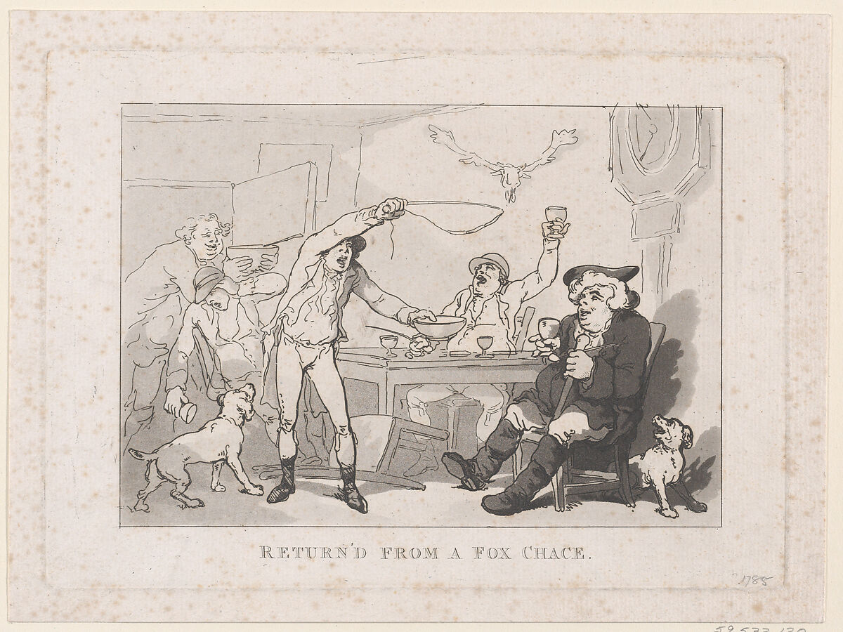 Returned from a Fox Chase, Thomas Rowlandson (British, London 1757–1827 London), Etching and aquatint 