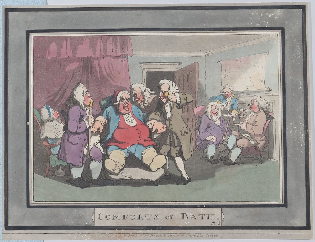 Comforts of Bath, Plate 1, Thomas Rowlandson (British, London 1757–1827 London), Hand-colored etching and aquatint 