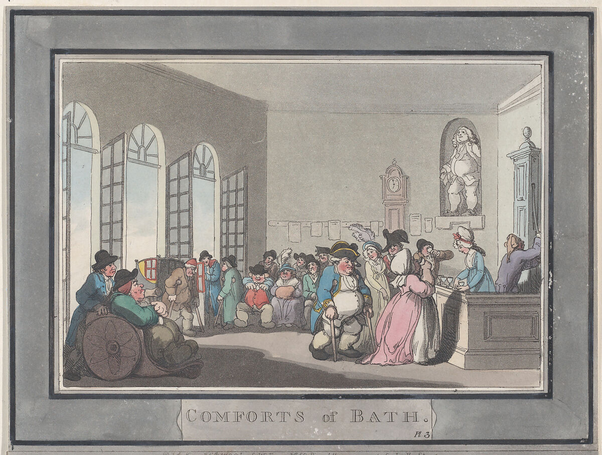 Comforts of Bath, Plate 3, Thomas Rowlandson (British, London 1757–1827 London), Hand-colored etching and aquatint 