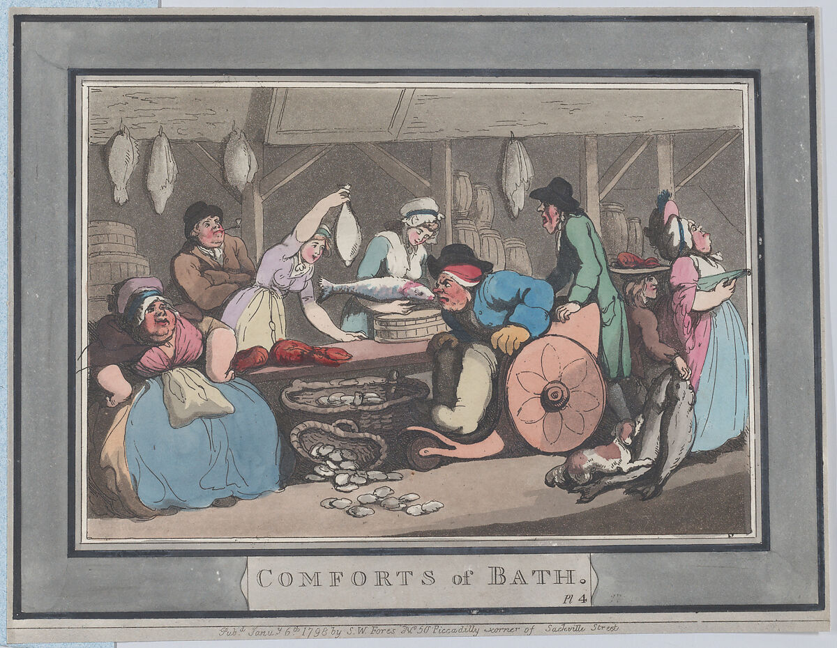 Comforts of Bath, Plate 4, Thomas Rowlandson (British, London 1757–1827 London), Hand-colored etching and aquatint 