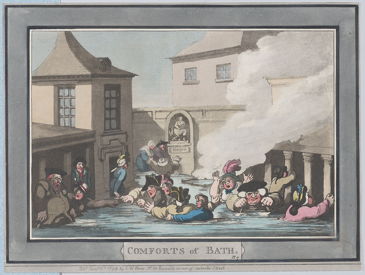 Comforts of Bath, Plate 7, Thomas Rowlandson (British, London 1757–1827 London), Hand-colored etching and aquatint 