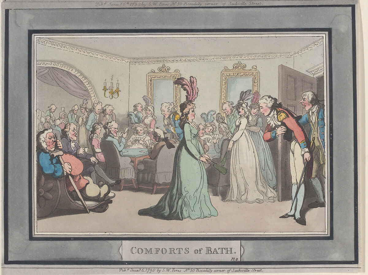 Comforts of Bath, Plate 8, Thomas Rowlandson (British, London 1757–1827 London), Hand-colored etching and aquatint 