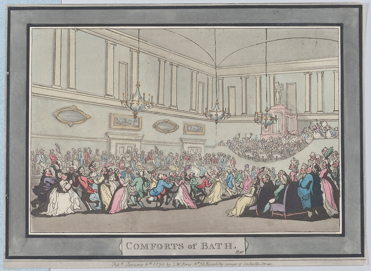 Comforts of Bath, Plate 10, Thomas Rowlandson (British, London 1757–1827 London), Hand-colored etching and aquatint 