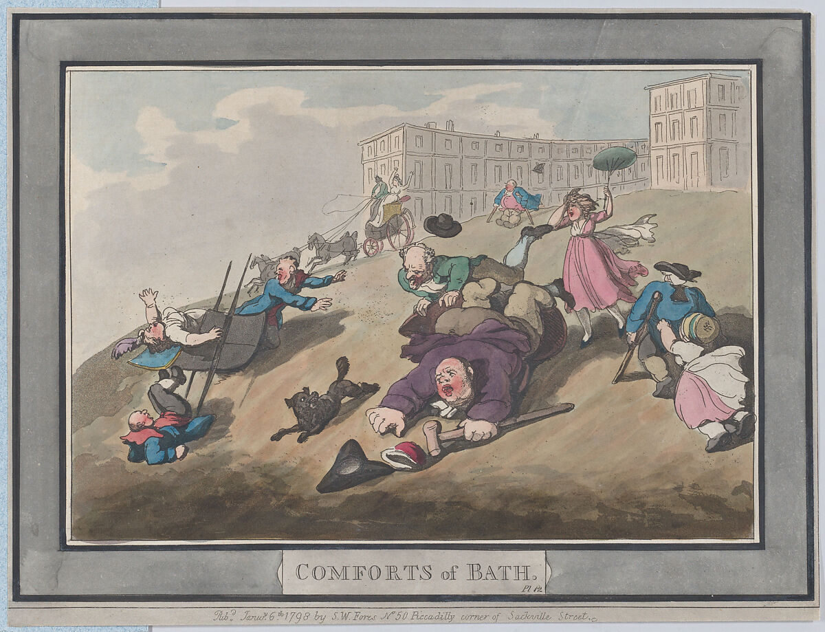 Comforts of Bath, Plate 12, Thomas Rowlandson (British, London 1757–1827 London), Hand-colored etching and aquatint 