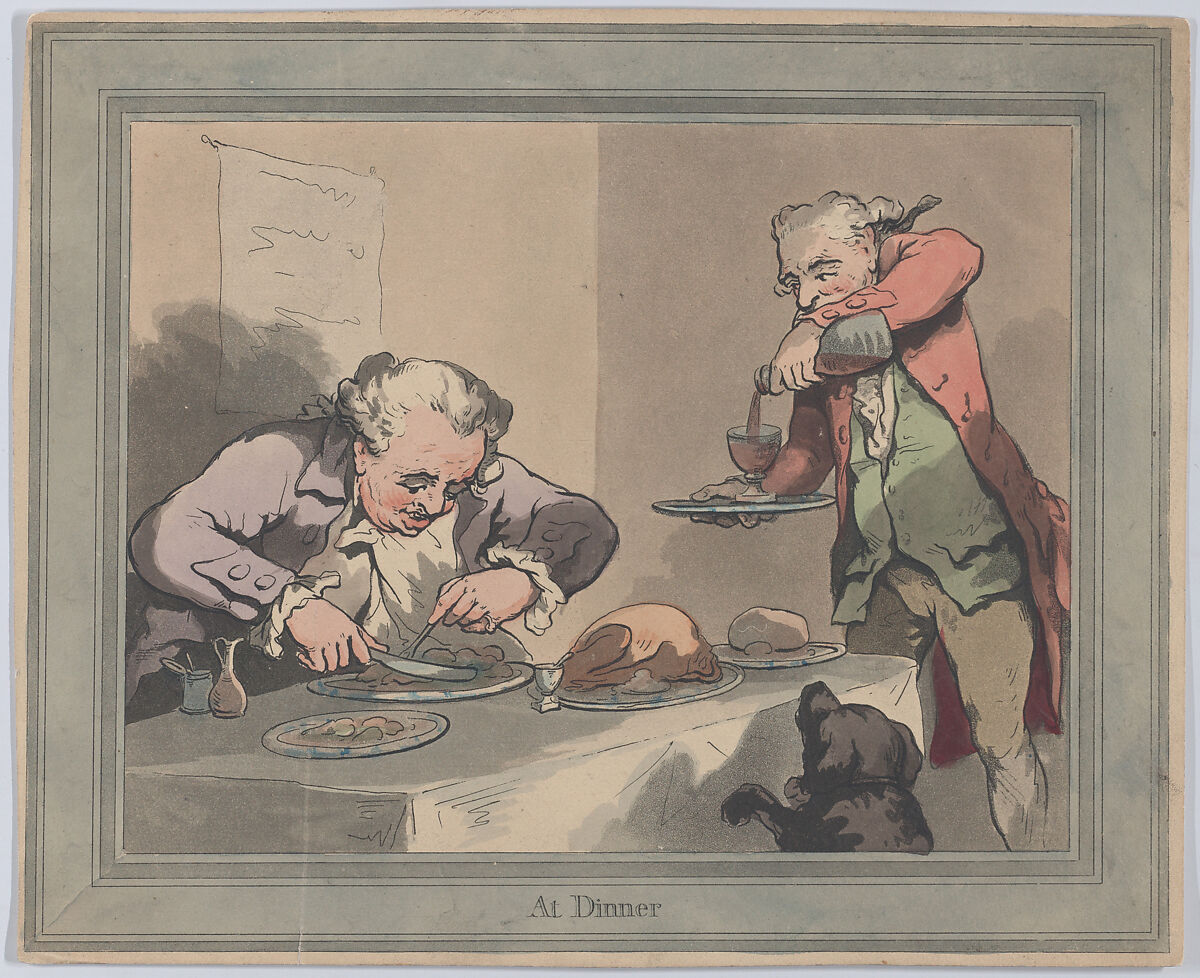 At Dinner, Thomas Rowlandson (British, London 1757–1827 London), Hand-colored etching and aquatint 