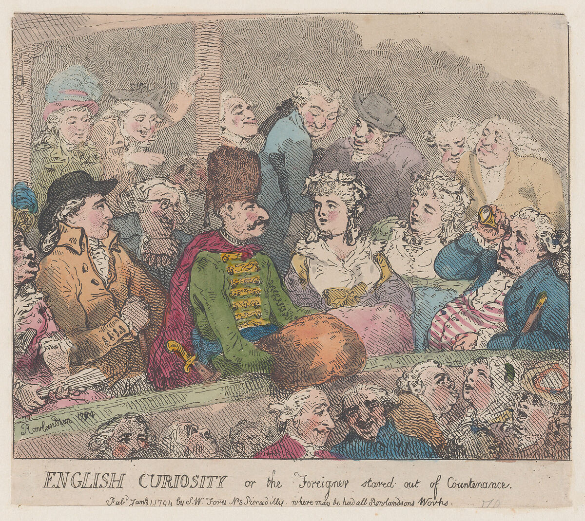 English Curiosity or The Foreigner Stared Out of Countenance, Thomas Rowlandson (British, London 1757–1827 London), Hand-colored etching 