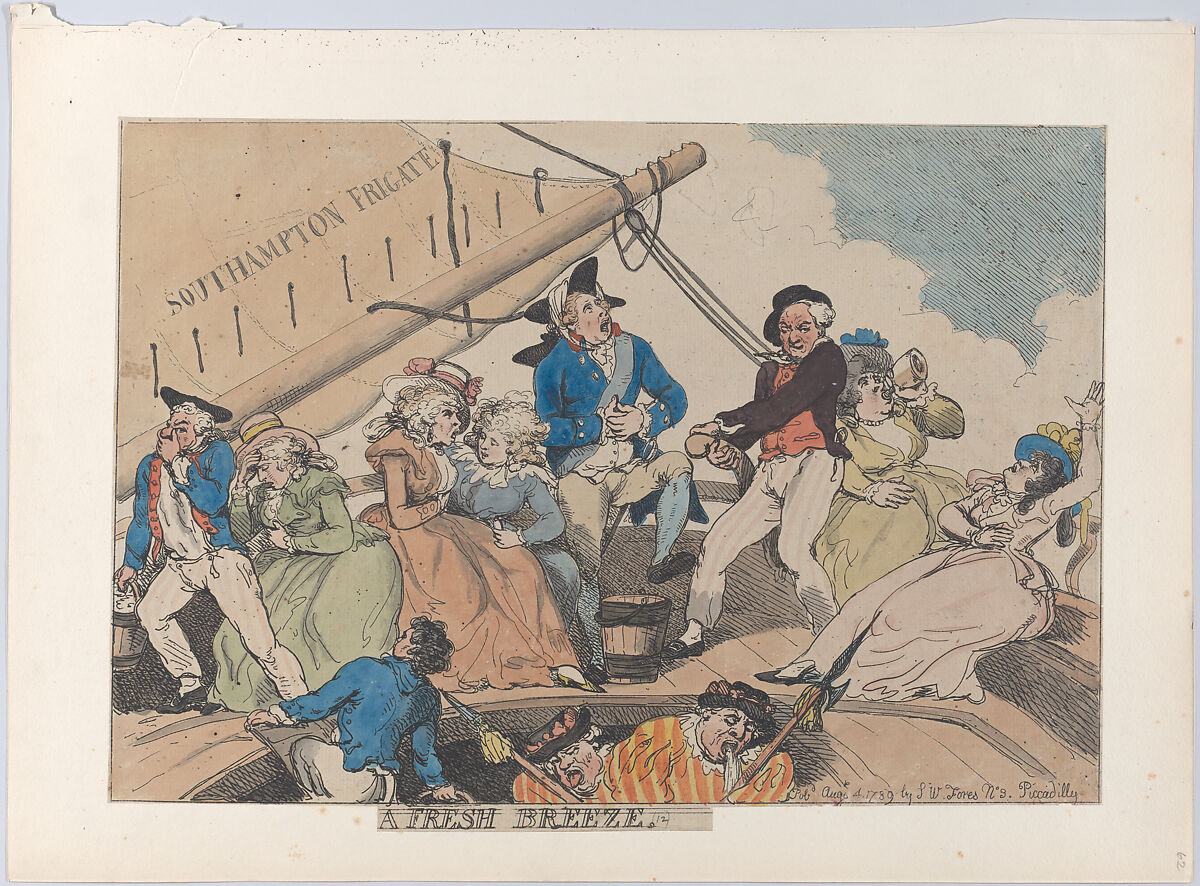 A Fresh Breeze, Thomas Rowlandson (British, London 1757–1827 London), Hand-colored etching 