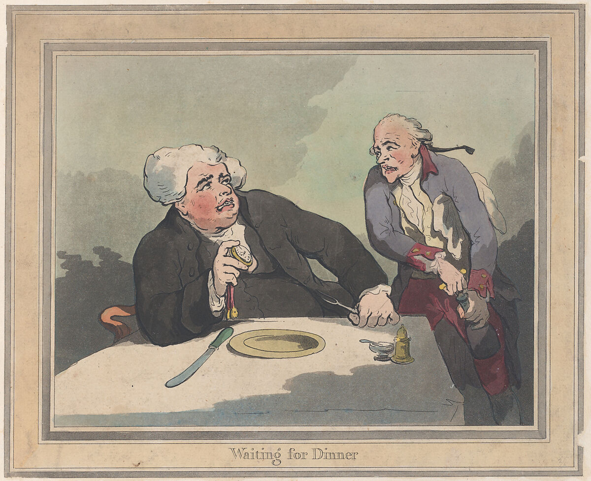 Waiting for Dinner, Thomas Rowlandson (British, London 1757–1827 London), Hand-colored etching and aquatint 