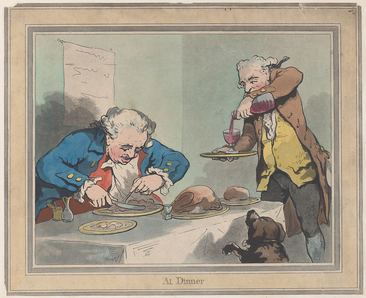 At Dinner, Thomas Rowlandson (British, London 1757–1827 London), Hand-colored etching and aquatint 