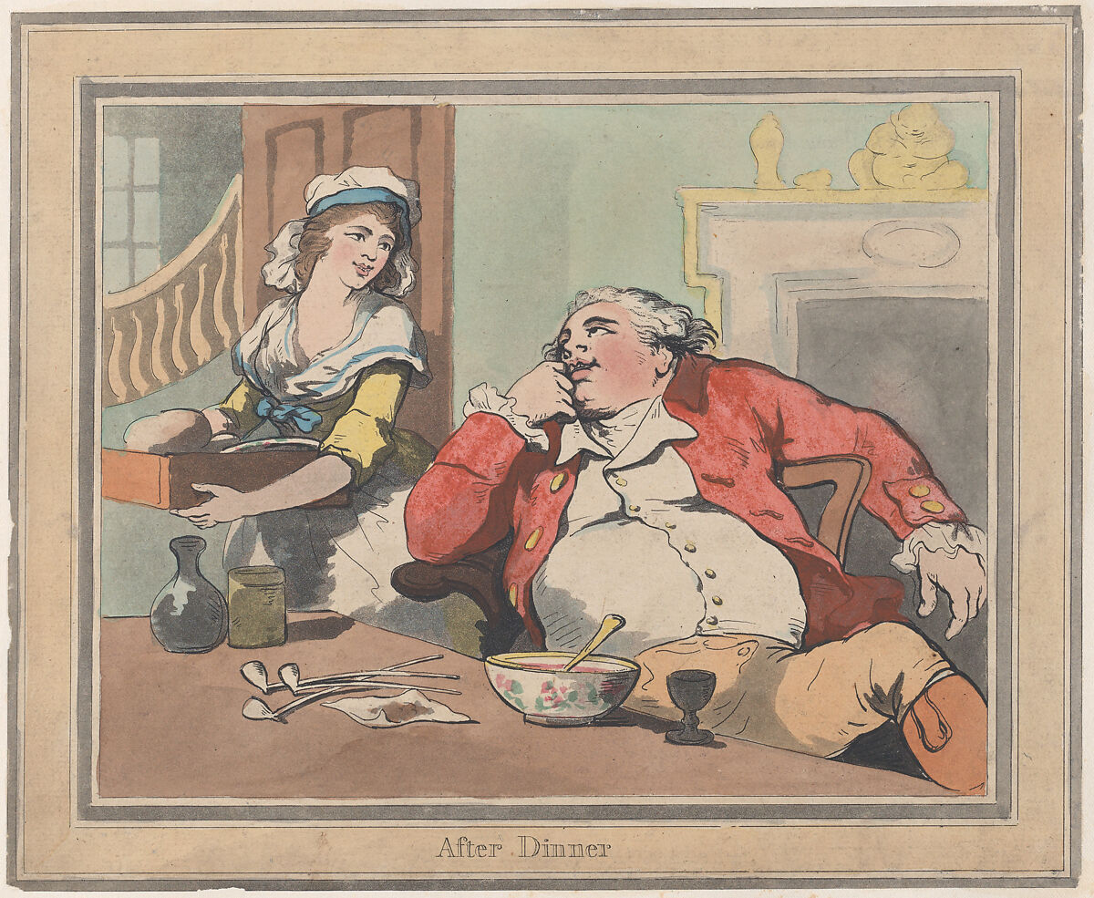 After Dinner, Thomas Rowlandson (British, London 1757–1827 London), Hand-colored etching and aquatint 