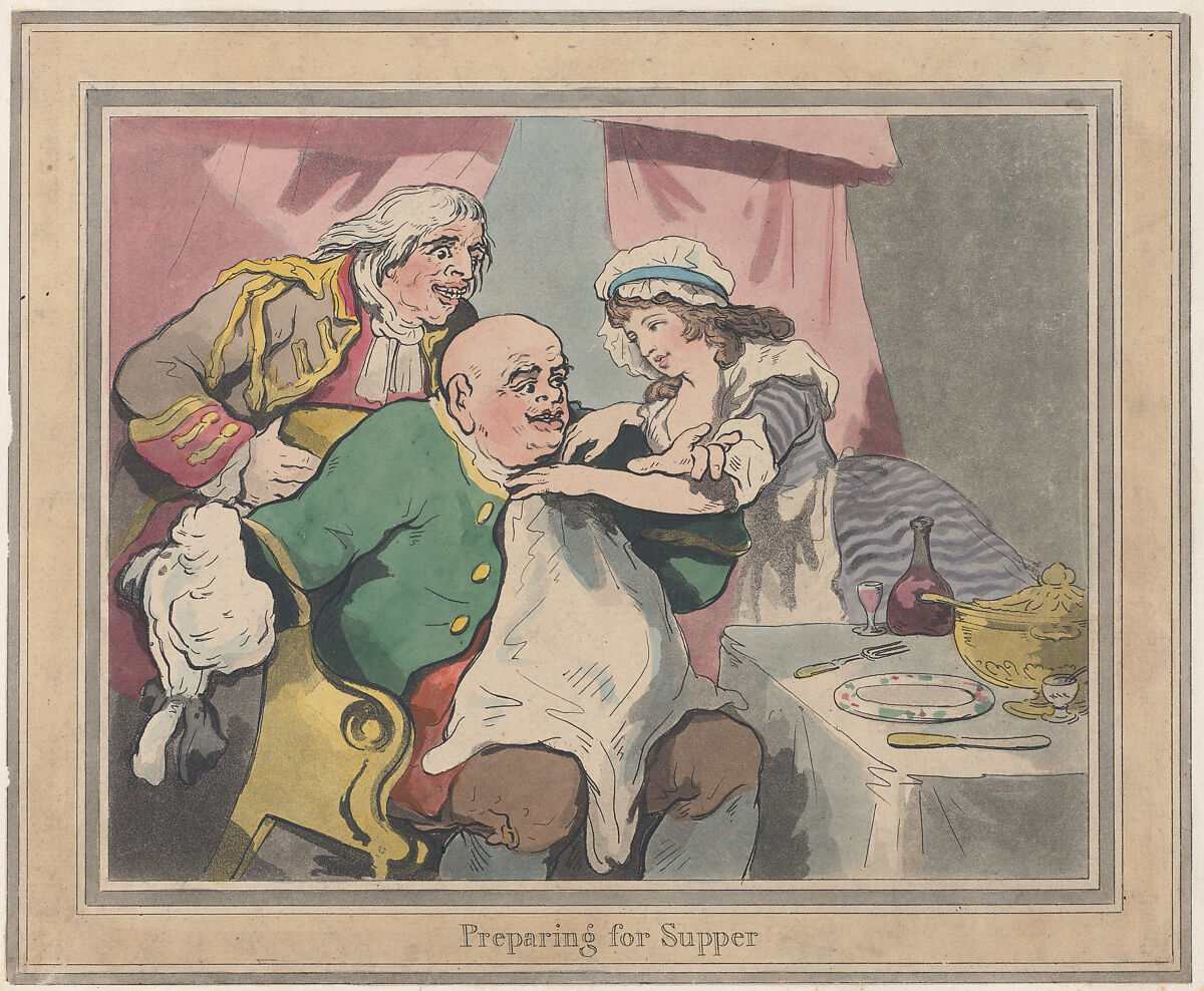 Preparing for Supper, Thomas Rowlandson (British, London 1757–1827 London), Hand-colored etching and aquatint 