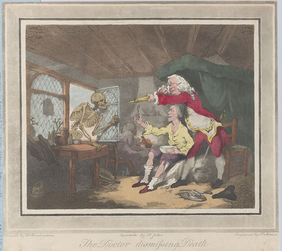 The Doctor Dismissing Death, Etched by Peter Simon (British, London ca. 1764–1813 Paris), Hand-colored etching and aquatint 