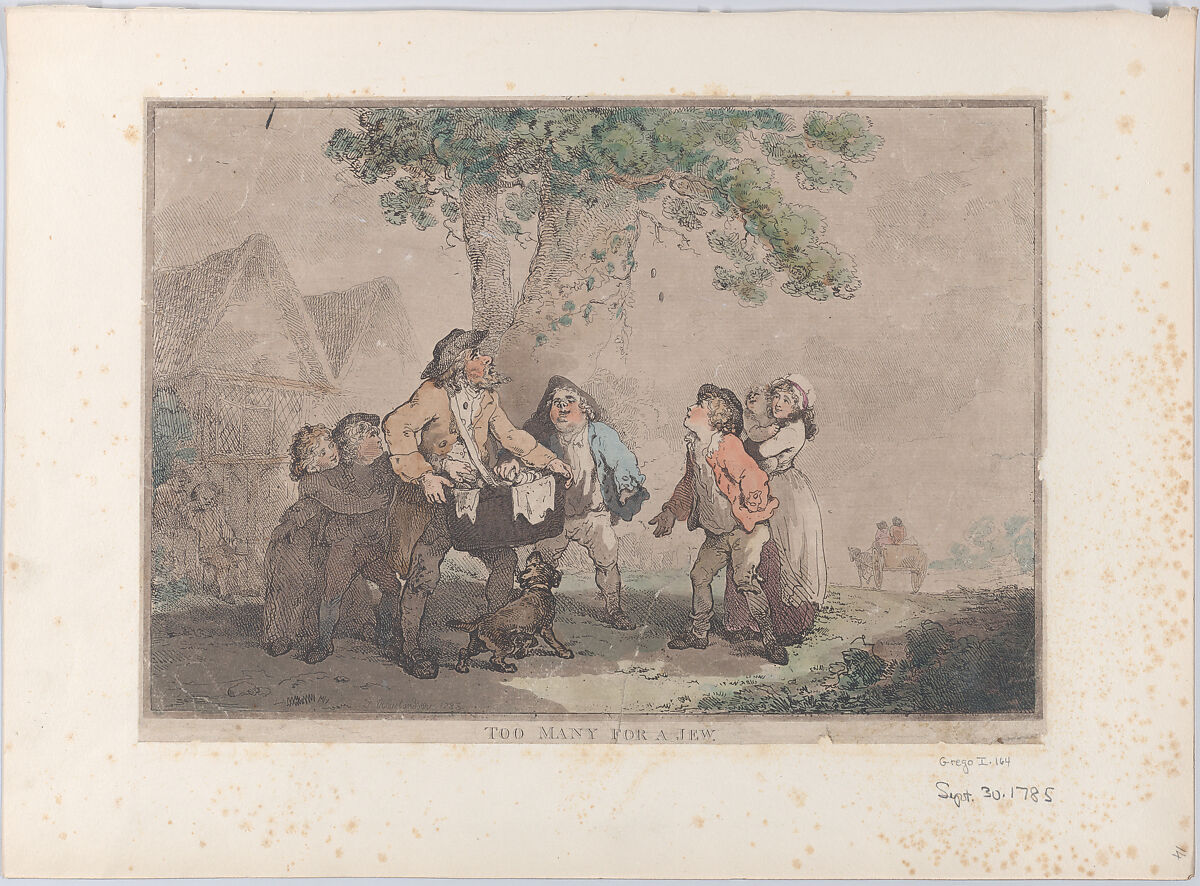Too Many for a Jew, Thomas Rowlandson (British, London 1757–1827 London), Hand-colored etching and aquatint 