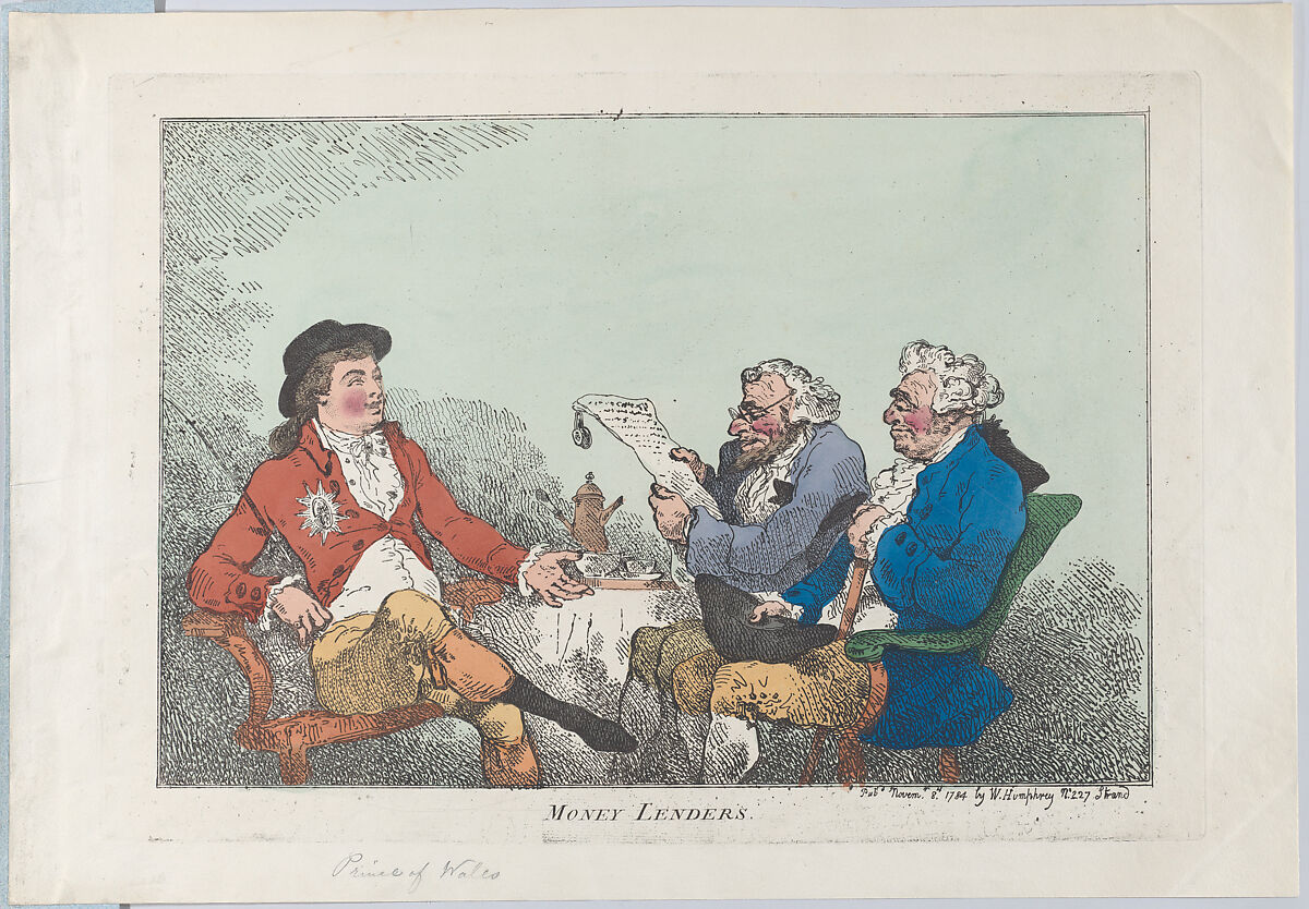 Money Lenders, Thomas Rowlandson (British, London 1757–1827 London), Hand-colored etching 