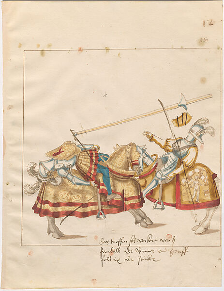 Mixed Joust of War and Joust of Peace Between Felix von Werdenberg and Freydal, Design for Freydal, Pen in brown and black ink with watercolor over black chalk and lead point on laid paper, South German 