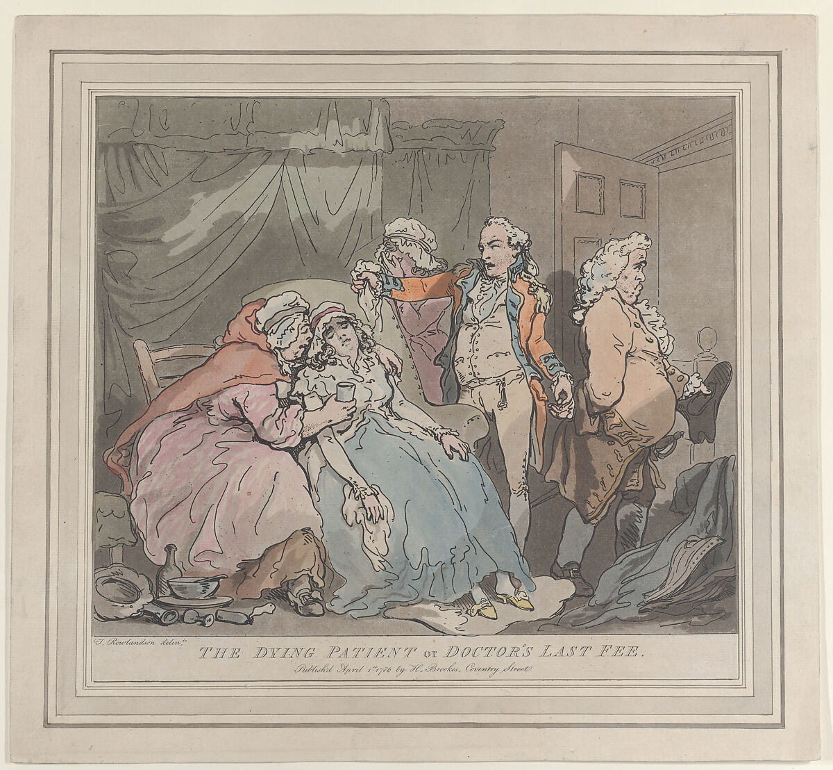 The Dying Patient, or Doctor's Last Fee, After Thomas Rowlandson (British, London 1757–1827 London), Hand-colored etching 