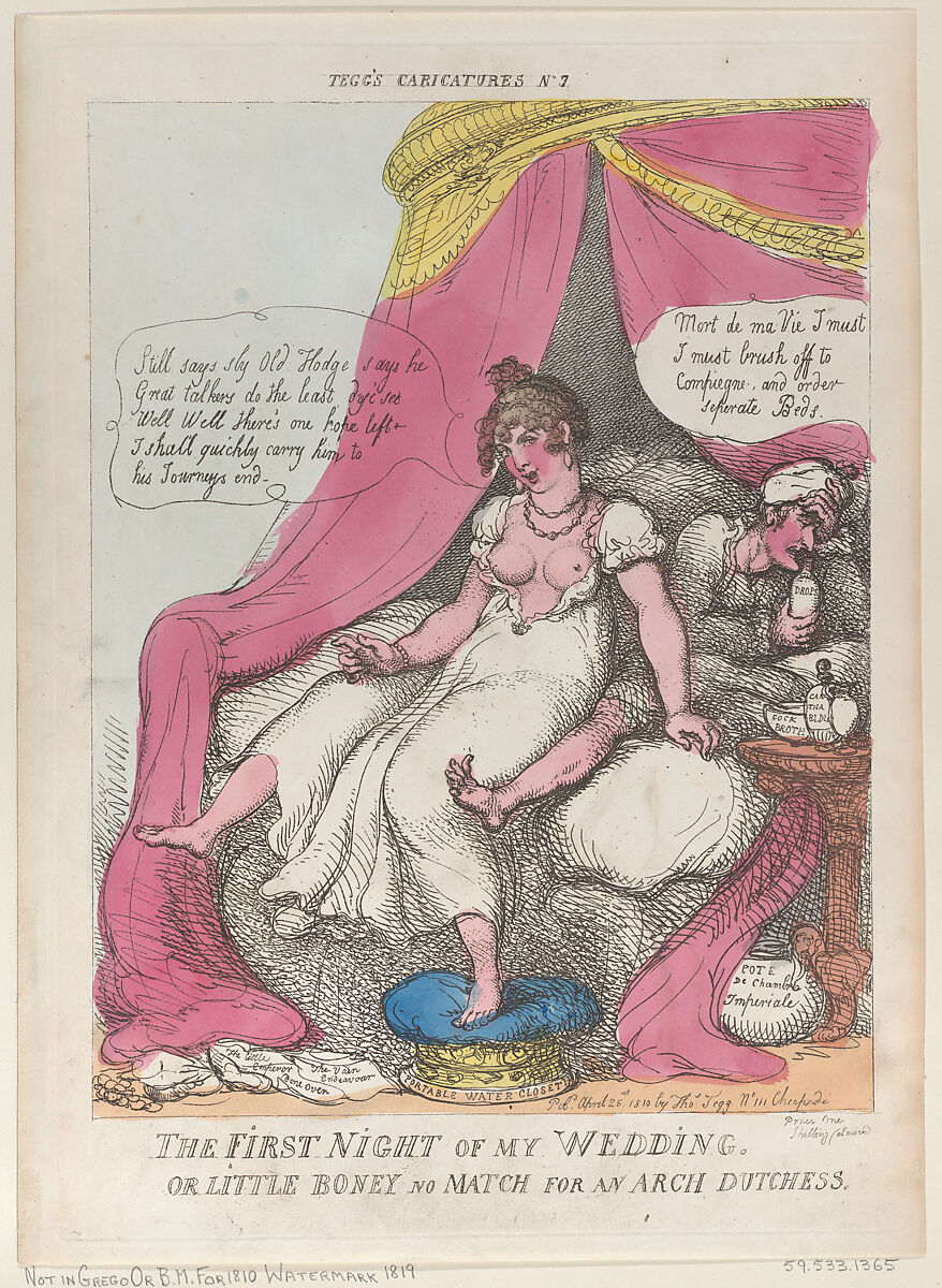 The First Night of My Wedding, or Little Boney No Match For an Arch Dutchess, Thomas Rowlandson (British, London 1757–1827 London), Hand-colored etching 