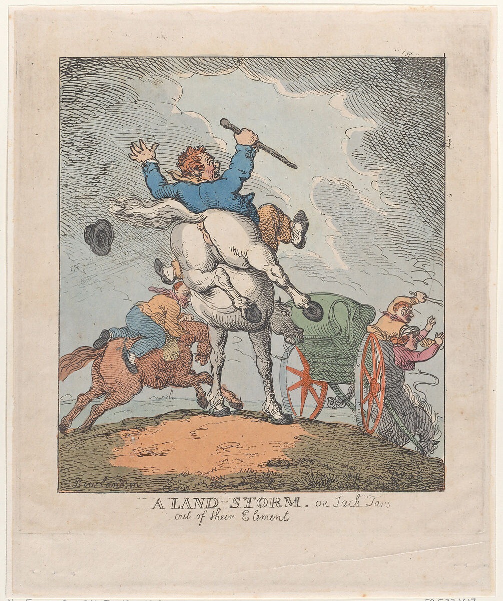 A Land Storm, or Jack Tars Out of Their Element, Thomas Rowlandson (British, London 1757–1827 London), Hand-colored etching 