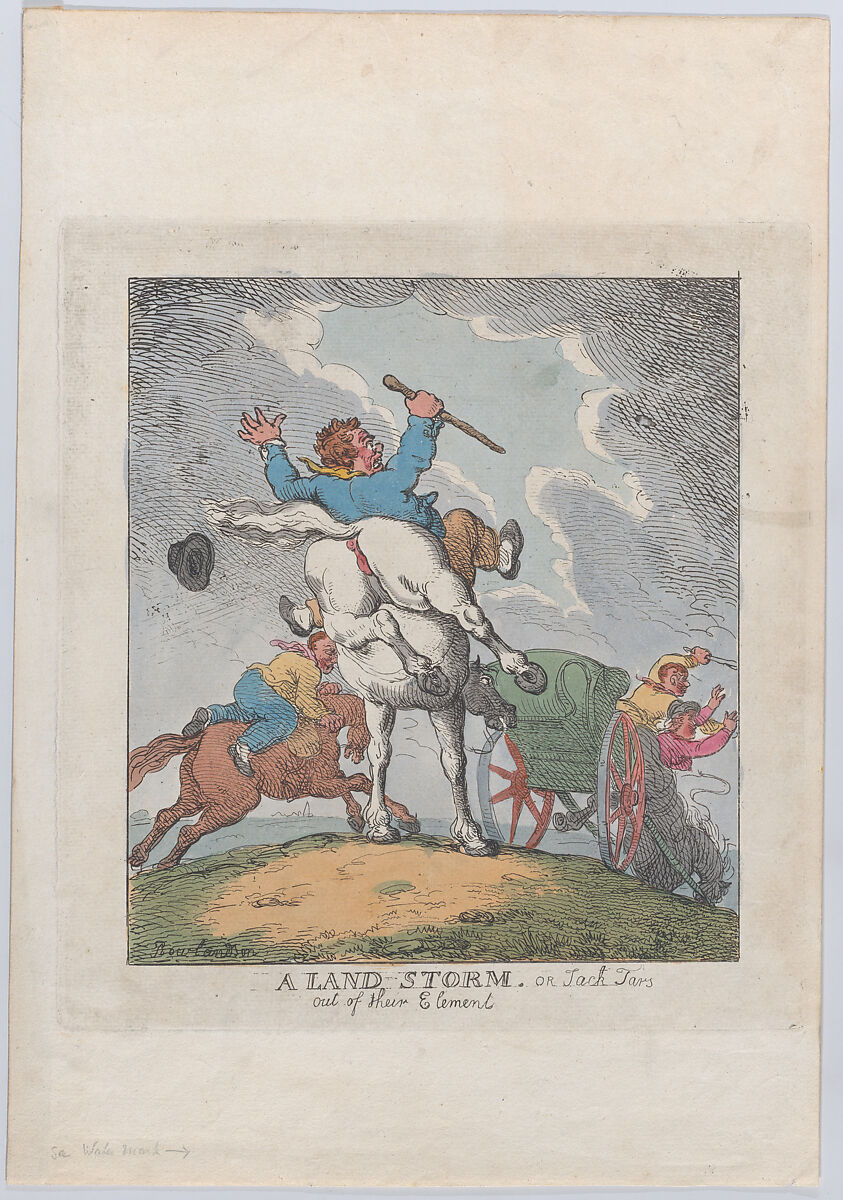 A Land Storm, or Jack Tars Out of Their Element, Thomas Rowlandson (British, London 1757–1827 London), Hand-colored etching 