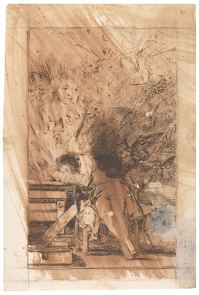 The Sleep of Reason, Goya (Francisco de Goya y Lucientes) (Spanish, Fuendetodos 1746–1828 Bordeaux), Pen and brown ink, light brown wash, on laid paper 