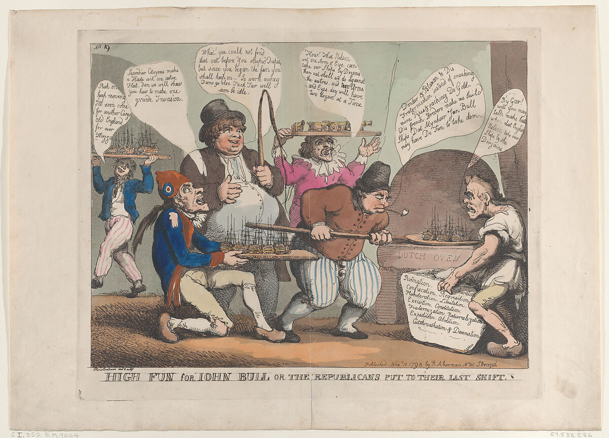 High Fun for John Bull, or the Republicans Put to their Last Shift, Thomas Rowlandson (British, London 1757–1827 London), Hand-colored etching and aquatint 
