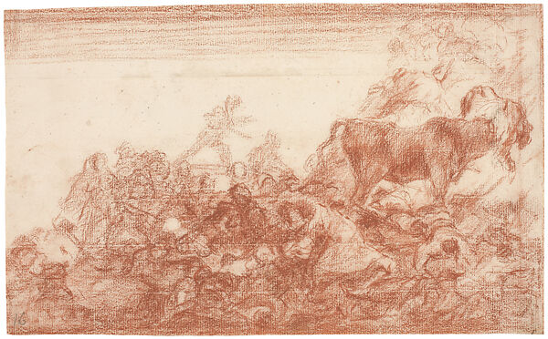 Plate 21: Preparatory drawing for the Death of the Mayor Torrejon, from the Tauromaquia, Goya (Francisco de Goya y Lucientes) (Spanish, Fuendetodos 1746–1828 Bordeaux), Red chalk on laid paper 