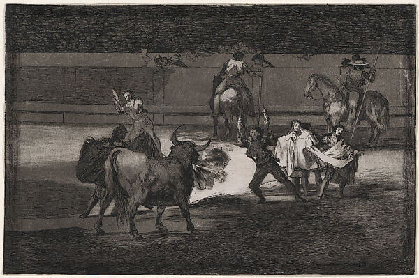 Plate 31 from the Tauromaquia, Banderillas with firecrackers, Goya (Francisco de Goya y Lucientes) (Spanish, Fuendetodos 1746–1828 Bordeaux), Etching, burnished aquatint, drypoint, black chalk border 