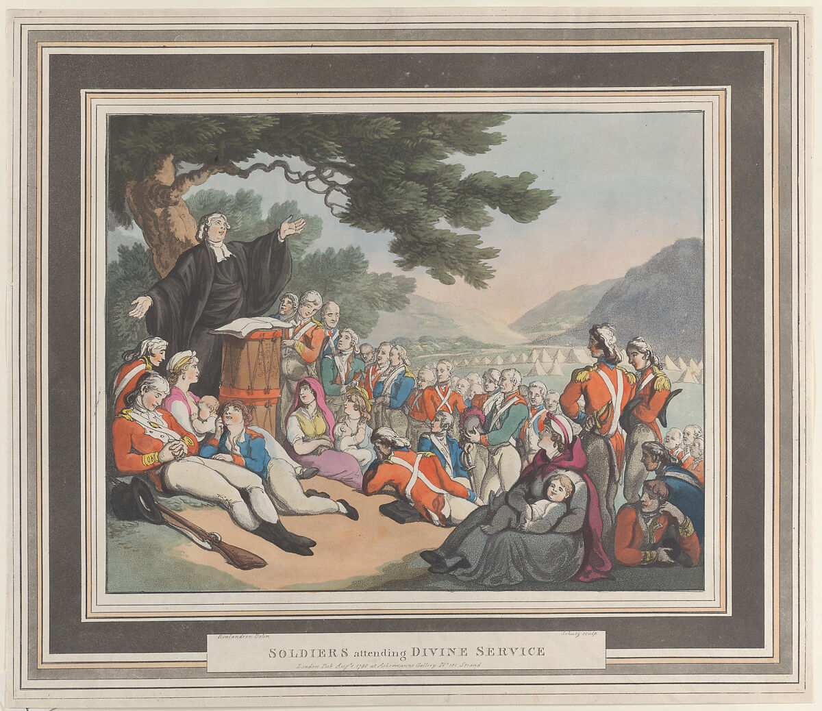 Soldiers Attending Divine Service, Heinrich Joseph Schütz (German, Frankfurt 1760–1822 Frankfurt), Hand-colored etching and aquatint 